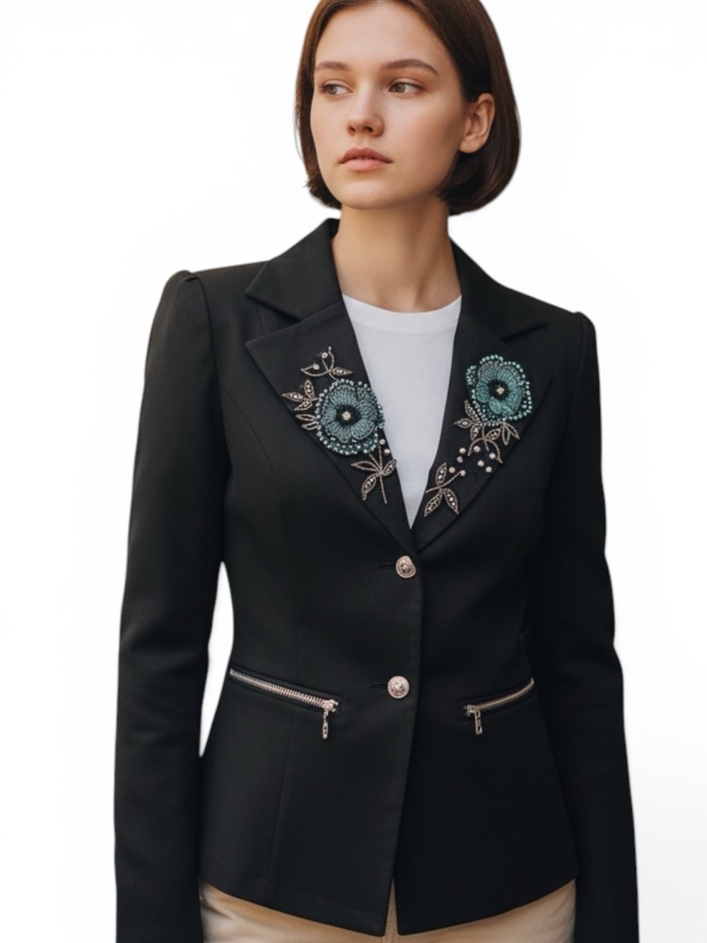 Black Blazer with Blue Teal Floral Beaded Embellishments. NWT. Sz. M